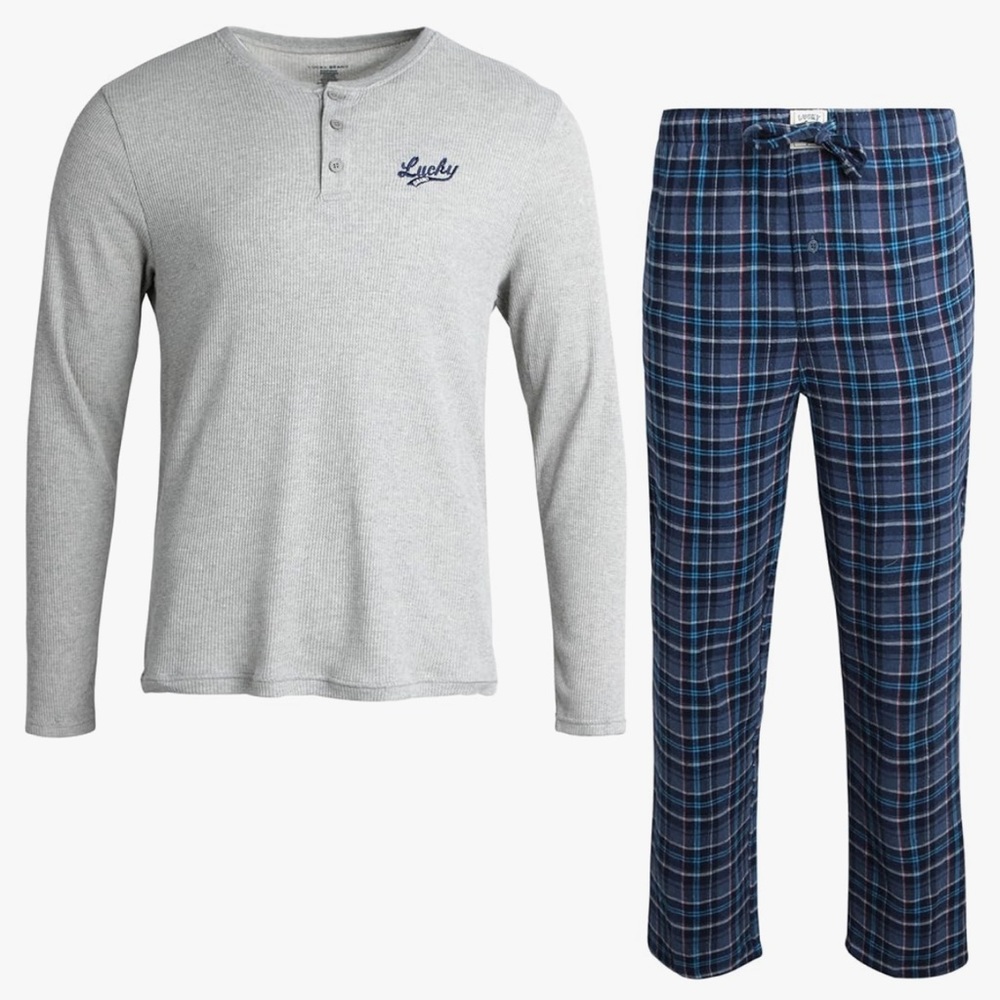 NWT Men’s Lucky Brand Sleepwear Set LONG SLEEVE HENLEY & FLANNEL PANT in Size L